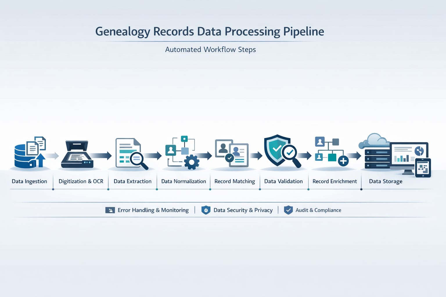 GEDCOM data quality metrics and processing results dashboard